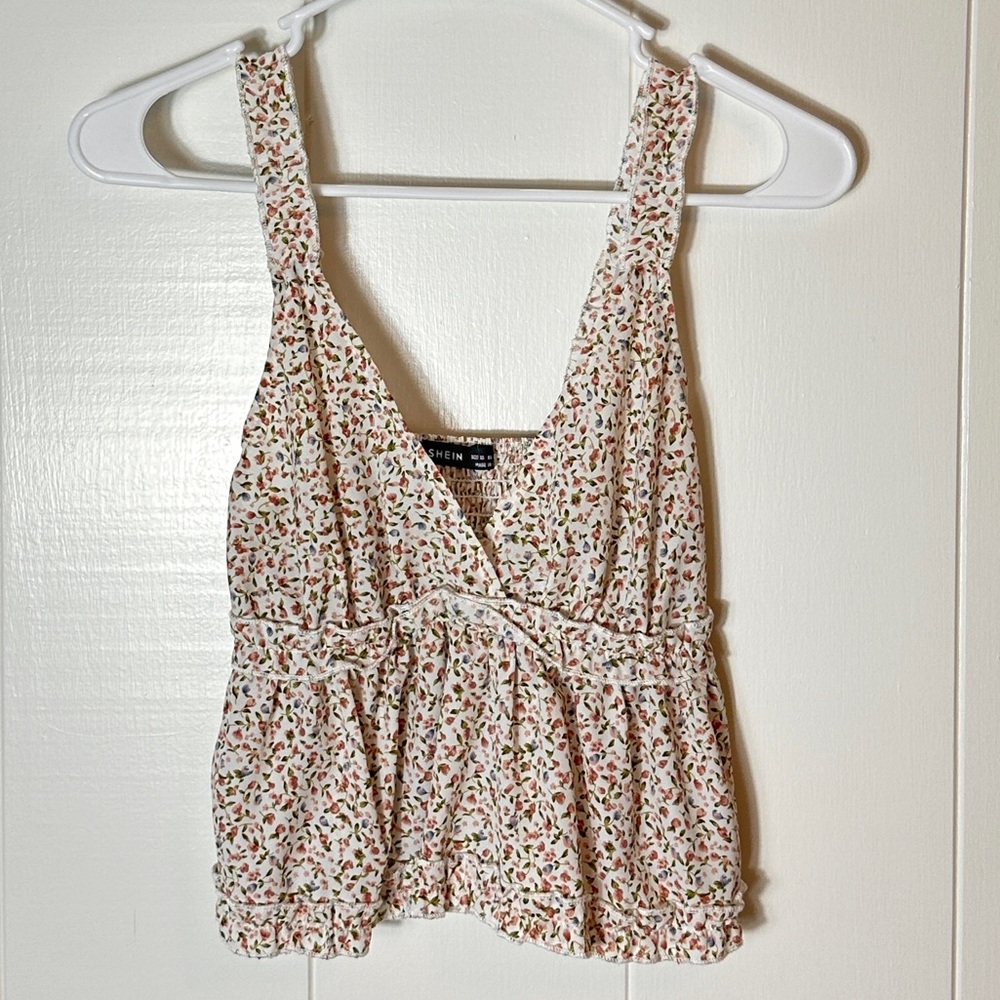 SHEIN Floral Print Tank Top - Cream and Red